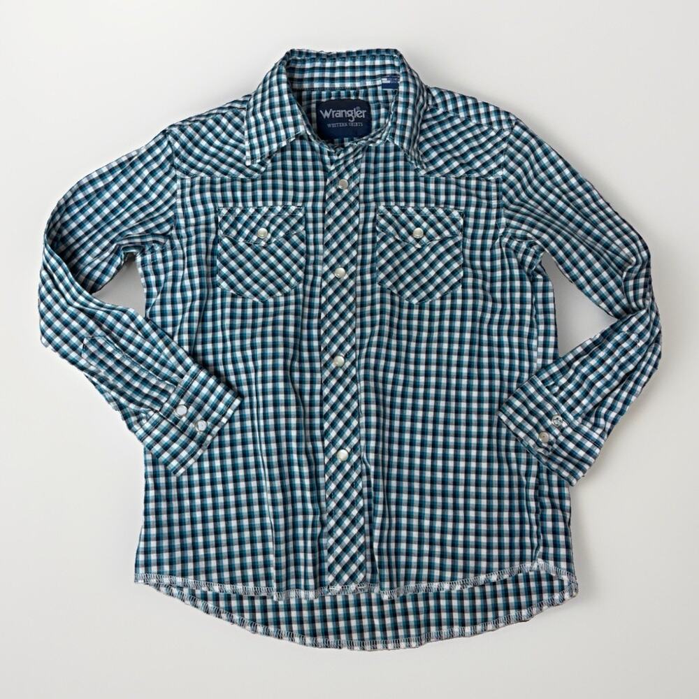 Wrangler Boys 5 Blue Black Plaid Western Pearl Snap Long Sleeve Shirt